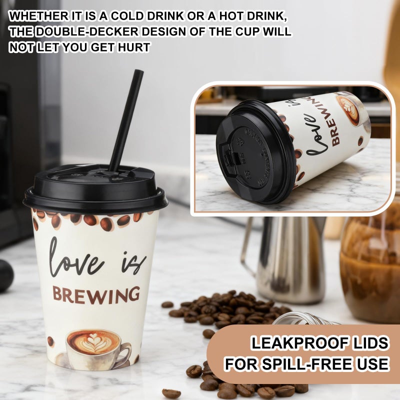 Jingmore 50 Pcs Wedding Coffee Cups Love Is Brewing Bridal Shower Decoration Disposable Wedding Paper Drinking Cup Bulk with Lid Straw Custom Cup for Reception Engagement Bachelorette Party Supply (Elegant) - Image 3