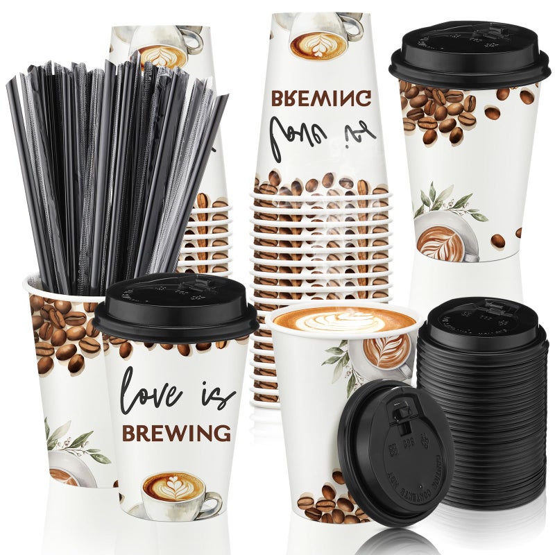 Jingmore 50 Pcs Wedding Coffee Cups Love Is Brewing Bridal Shower Decoration Disposable Wedding Paper Drinking Cup Bulk with Lid Straw Custom Cup for Reception Engagement Bachelorette Party Supply (Elegant) - Image 1