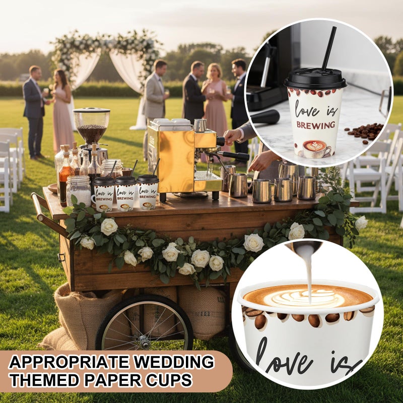 Jingmore 50 Pcs Wedding Coffee Cups Love Is Brewing Bridal Shower Decoration Disposable Wedding Paper Drinking Cup Bulk with Lid Straw Custom Cup for Reception Engagement Bachelorette Party Supply (Elegant) - Image 4