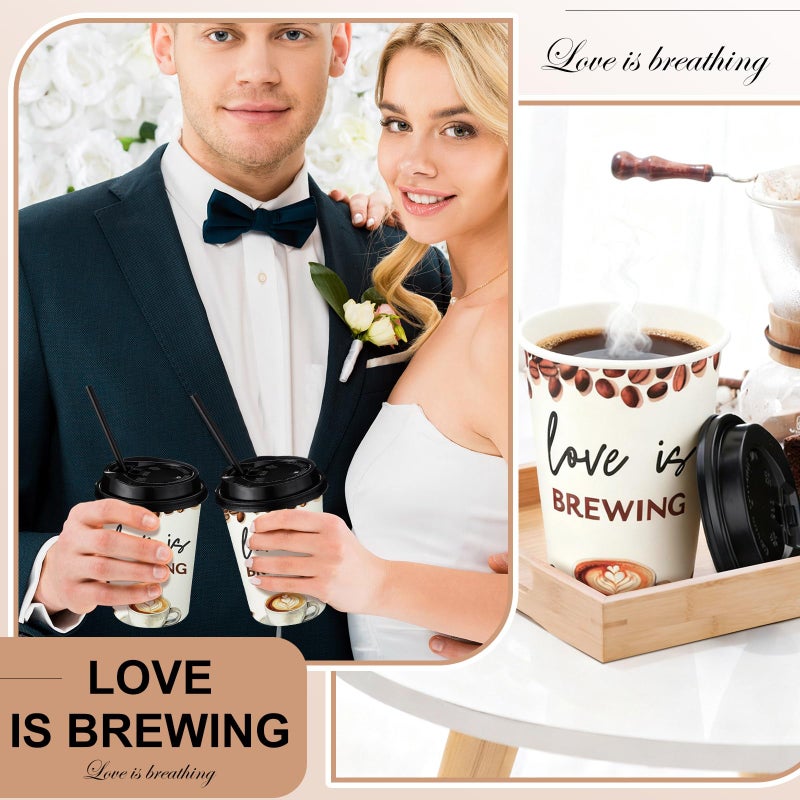 Jingmore 50 Pcs Wedding Coffee Cups Love Is Brewing Bridal Shower Decoration Disposable Wedding Paper Drinking Cup Bulk with Lid Straw Custom Cup for Reception Engagement Bachelorette Party Supply (Elegant) - Image 5