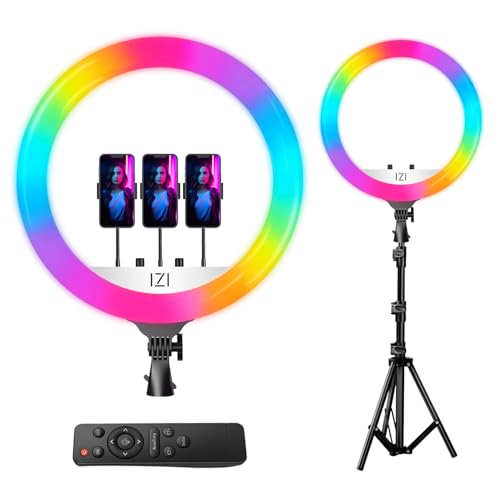 IZI Light 18 inch LED RGB Ring Light with Stand, 7ft Foldable Tripod, 28+ Multicolor Modes, Anti Skid Base for YouTube, Cell Phone Selfie Lights, Vlogging, Video Shooting, iPhone & Camera Compatible. - Image 1
