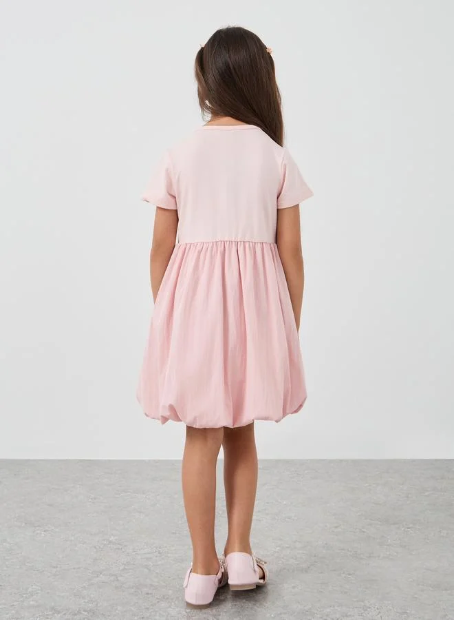 Styli Styli Solid Round Neck Balloon Hem Knee-Length Dress