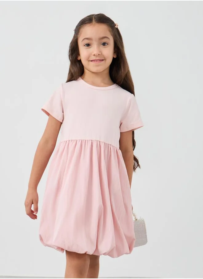 Styli Styli Solid Round Neck Balloon Hem Knee-Length Dress