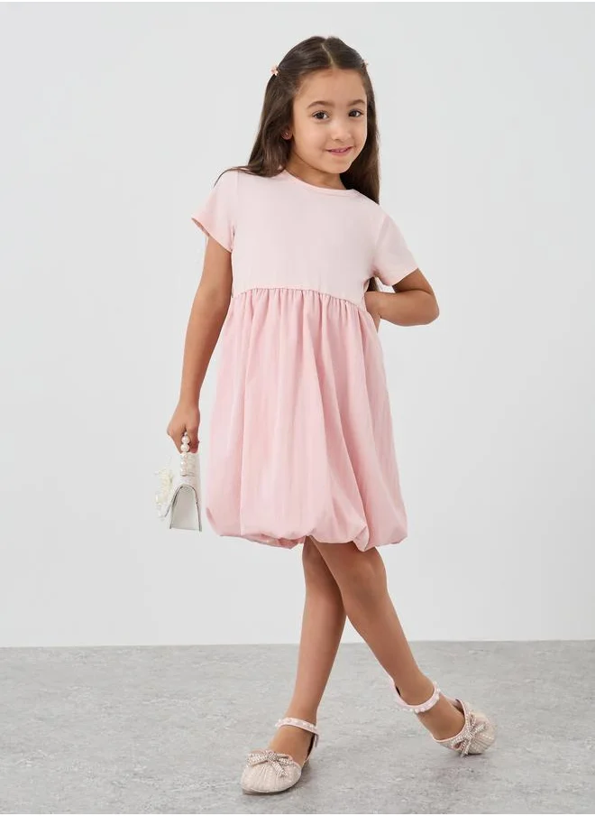 Styli Styli Solid Round Neck Balloon Hem Knee-Length Dress