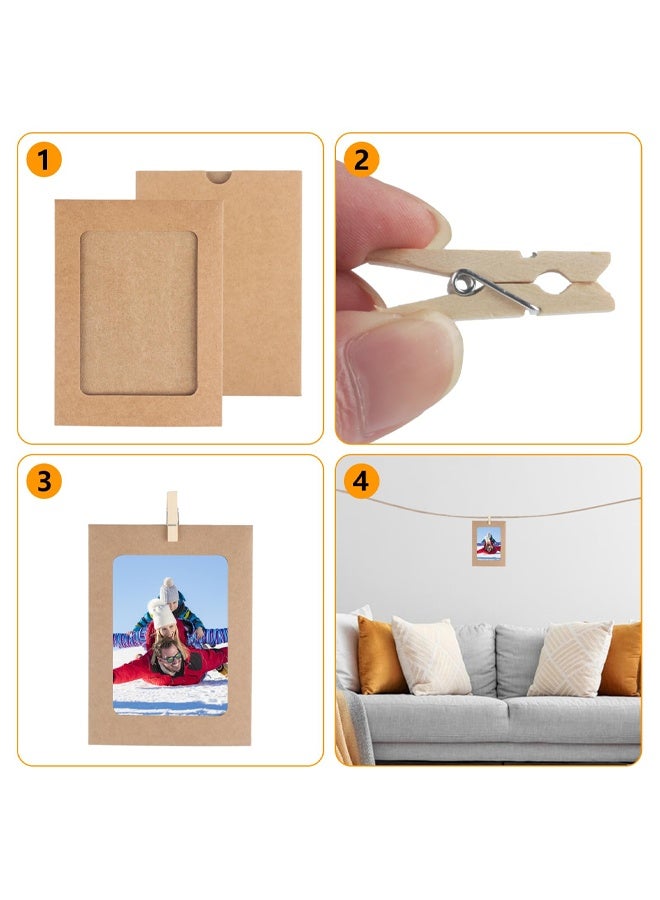 20 Pcs Cardboard Photo Frames, Paper Photo Frames, 6 Inch Cardboard Picture Frames, Hanging Paper Picture Frames with 20 Wooden Clips 2 Hemp Ropes, for Home Wall Decor Display Hanging, Brown - Image 3