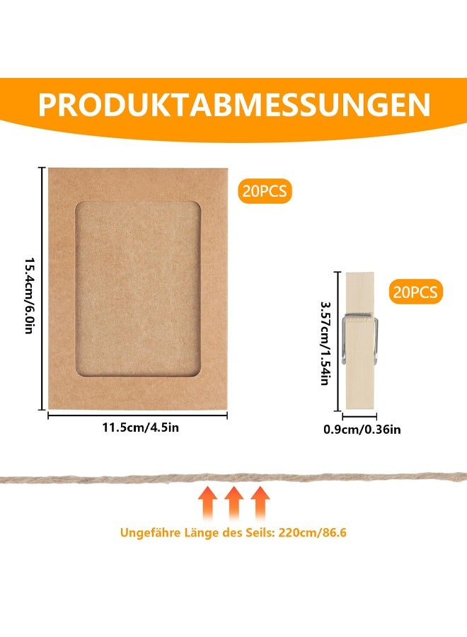 20 Pcs Cardboard Photo Frames, Paper Photo Frames, 6 Inch Cardboard Picture Frames, Hanging Paper Picture Frames with 20 Wooden Clips 2 Hemp Ropes, for Home Wall Decor Display Hanging, Brown - Image 2