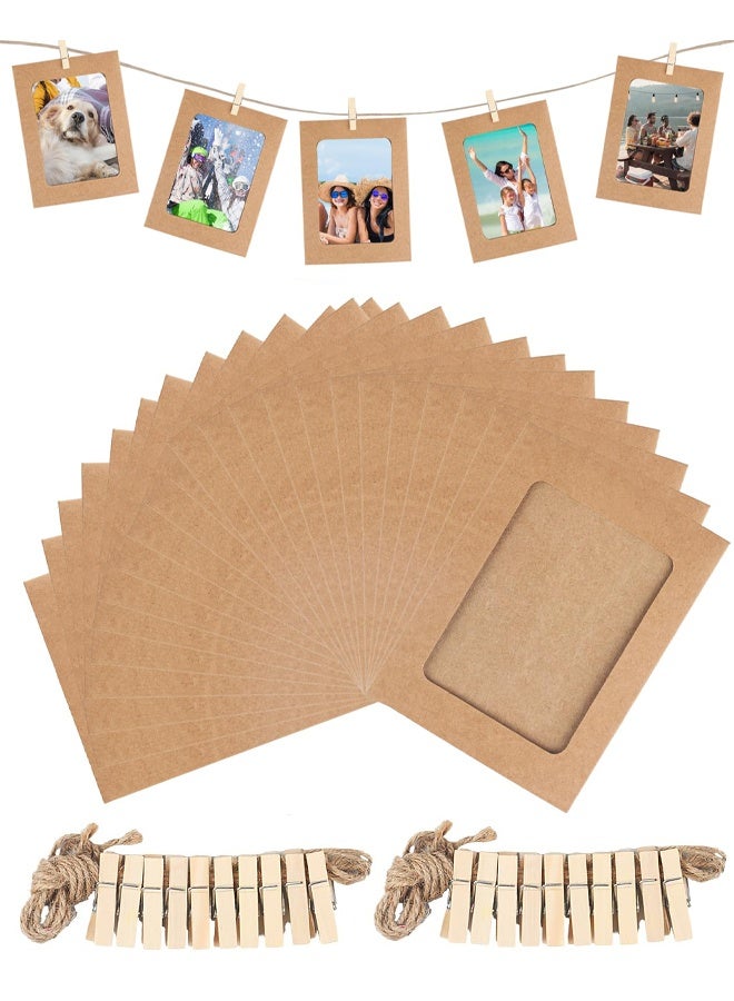 20 Pcs Cardboard Photo Frames, Paper Photo Frames, 6 Inch Cardboard Picture Frames, Hanging Paper Picture Frames with 20 Wooden Clips 2 Hemp Ropes, for Home Wall Decor Display Hanging, Brown - Image 1