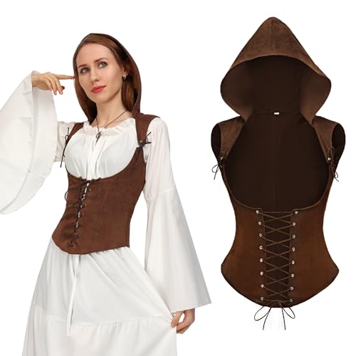 PROCOS Medieval Women Corset Vest Rogue Cowl Adjustable Steampunk Pirate Gothic Hooded Costume - Image 1