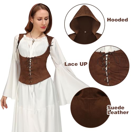 PROCOS Medieval Women Corset Vest Rogue Cowl Adjustable Steampunk Pirate Gothic Hooded Costume - Image 3