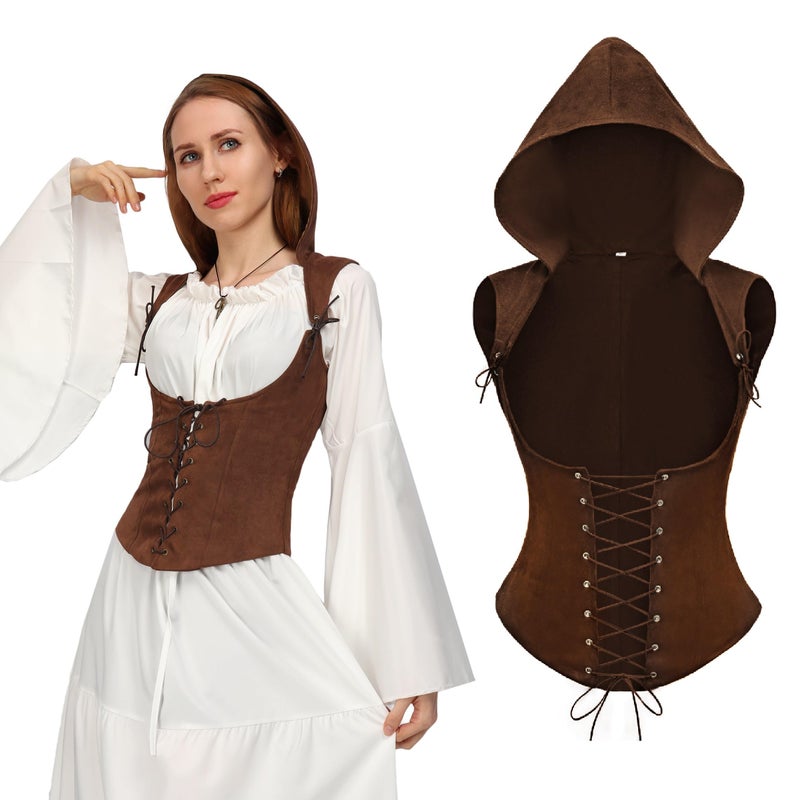 PROCOS Medieval Women Corset Vest Rogue Cowl Adjustable Steampunk Pirate Gothic Hooded Costume - Image 2