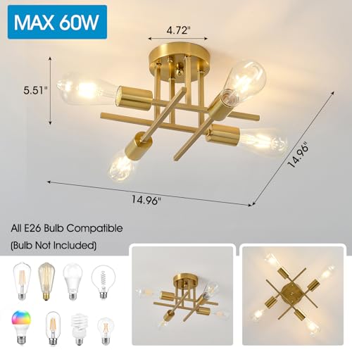 EGM Gold Semi Flush Mount Ceiling Light, 4-Light Modern Kitchen Light Fixture with E26 Base, Ceiling Lamp for Bedroom, Sputnik Chandelier for Dining Room Living Room Foyer Office (1 Pack) - Image 2