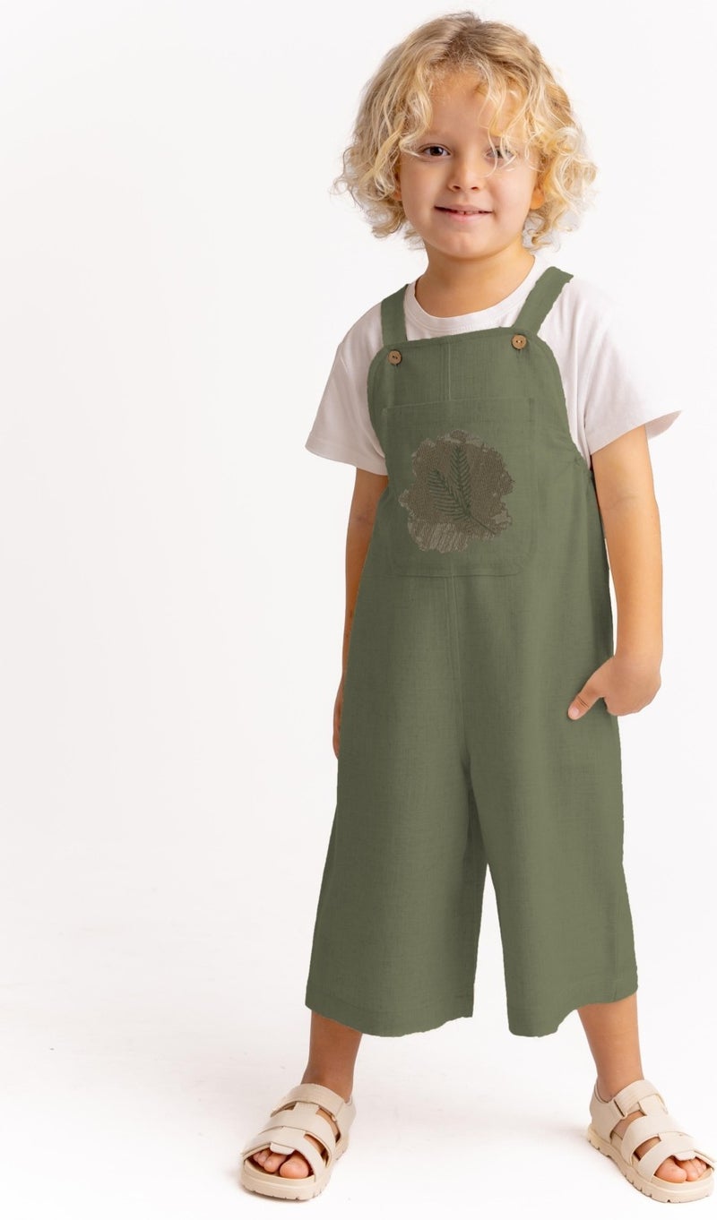 Oliven The Kid Unisex Crochet Embroidered Linen Overalls Khaki - Image 1