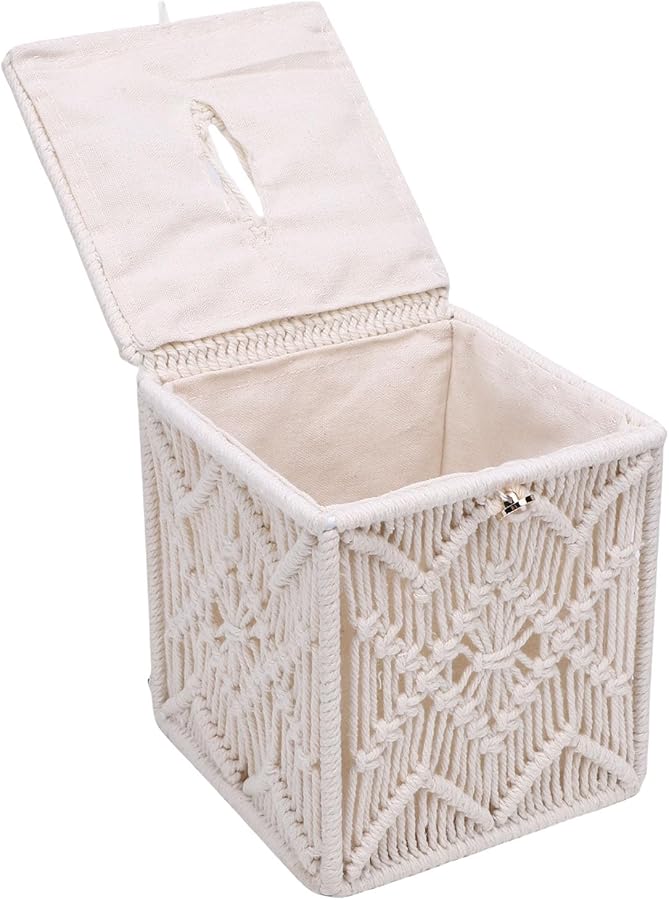 Hand Knitted Square Tissue Box Cover Macrame Organizer Beige Home Decor - Image 3