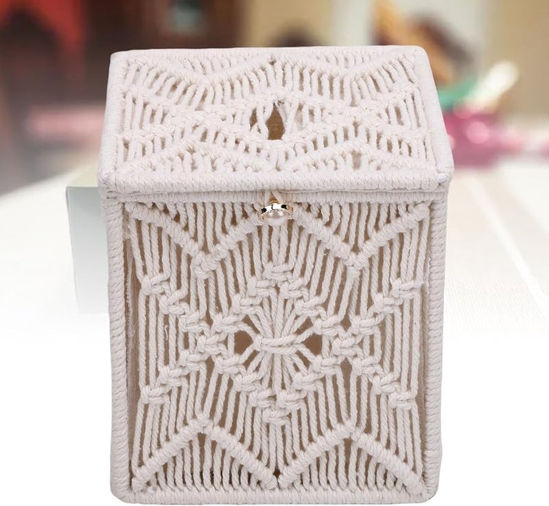 Hand Knitted Square Tissue Box Cover Macrame Organizer Beige Home Decor - Image 4