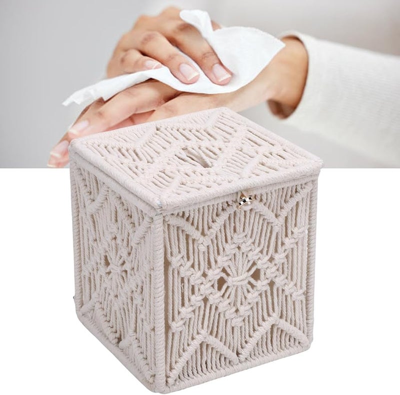 Hand Knitted Square Tissue Box Cover Macrame Organizer Beige Home Decor - Image 5