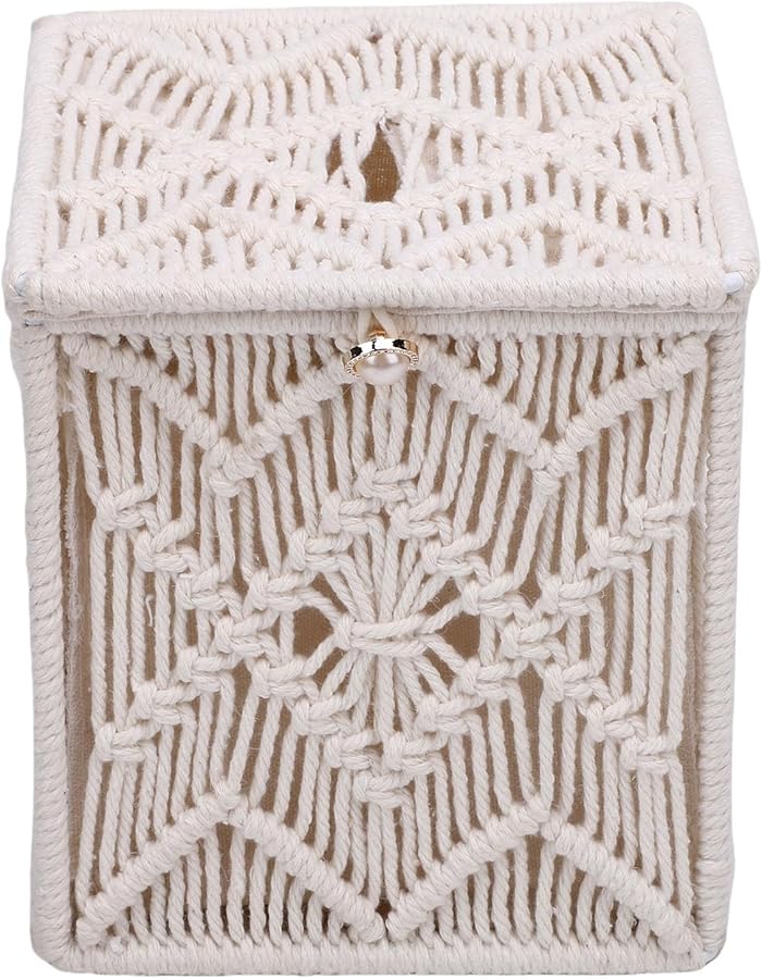 Hand Knitted Square Tissue Box Cover Macrame Organizer Beige Home Decor - Image 2