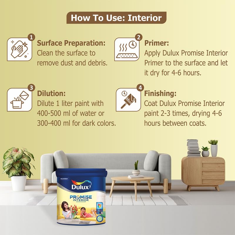 Dulux Promise Interior Emulsion Paint (1L, Summer Feeling) | Wall paint with Chroma Brite Technology for brighter longer-lasting colors | Rich finish | Anti-chalk | Water-based | 3-year warranty - Image 3
