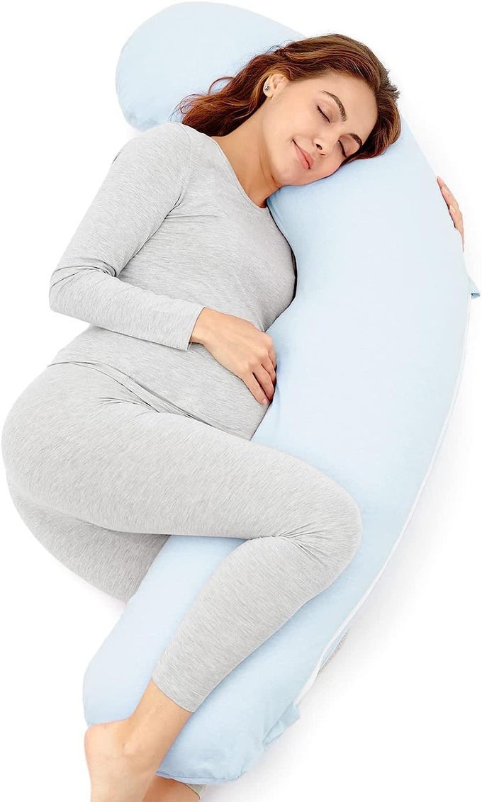 J SHAPED PREGNANCY PILLOW MATERNITY PILLOW WITH 100 COTTON REMOVABLE COVERS LIGHT BLUE
