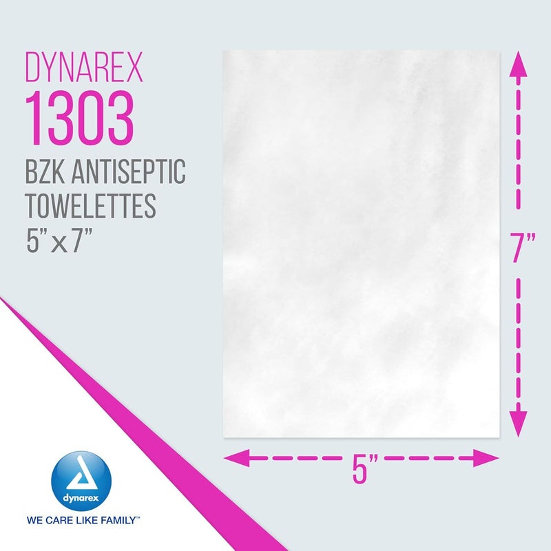 Dynarex BZK Antiseptic Towelettes Moist Sanitizing Towelettes Designed to Protect Minor Wounds 5 x 7 Disposable  Individually Wrapped 1 Case  10 Boxes of 100 Towelettes Packaging May Vary - Image 1