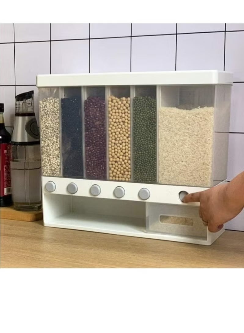 Wall Mounted Food Dispenser,Whole Grains Rice Bucket Large Capacity 6 Grid Storage Dry Food Dispenser - Image 4
