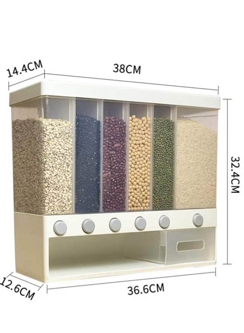 Wall Mounted Food Dispenser,Whole Grains Rice Bucket Large Capacity 6 Grid Storage Dry Food Dispenser - Image 2