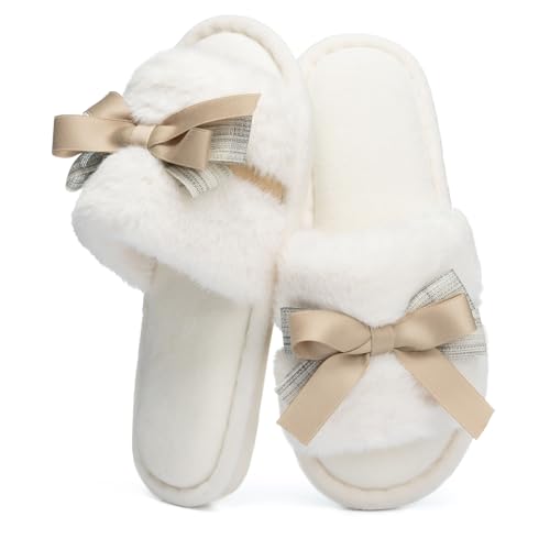 GOEWY House Slippers for Women Open Toe Fuzzy Cute Bow Slippers with Memory Foam Fluffy Cozy Birthday Gifts for Women Mom Indoor and Outdoor Size 11 12 Blue - Image 1