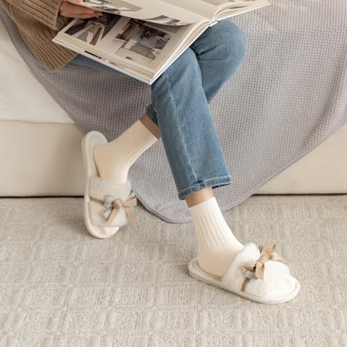 GOEWY House Slippers for Women Open Toe Fuzzy Cute Bow Slippers with Memory Foam Fluffy Cozy Birthday Gifts for Women Mom Indoor and Outdoor Size 11 12 Blue - Image 2