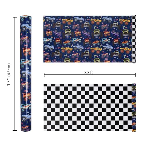 LaRibbons Monster Truck Reversible Wrapping Paper Mini Roll Checkered Flag Design Perfect for Kids and Boys Birthdays 17 x 33467 sq ft - Image 5