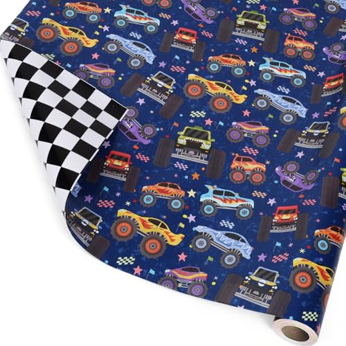 LaRibbons Monster Truck Reversible Wrapping Paper Mini Roll Checkered Flag Design Perfect for Kids and Boys Birthdays 17 x 33467 sq ft - Image 2