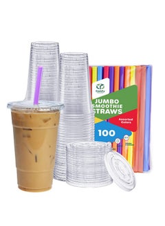 Comfy Package Comfy Package [24 oz. - 100 sets Clear Plastic Cups With Flat Lids & Straws - Disposable Clear Drinking Cups For Iced Coffee, Cold Drinks, Milkshakes, and Smoothies  - Image 1