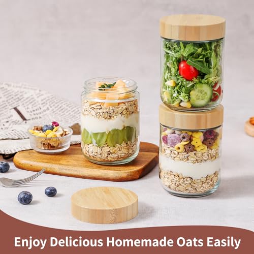 DRKIO 16 Oz Overnight Oats Containers with Bamboo Lids - 4 Pack Glass Storage Jars with Airtight Lids Wide Mouth Mason Food Jars Great for Meal Prep Salad Chia Pudding Snacks Yogurt Sugar Spice Cereal - Image 4