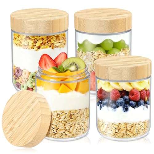 DRKIO 16 Oz Overnight Oats Containers with Bamboo Lids - 4 Pack Glass Storage Jars with Airtight Lids Wide Mouth Mason Food Jars Great for Meal Prep Salad Chia Pudding Snacks Yogurt Sugar Spice Cereal - Image 1