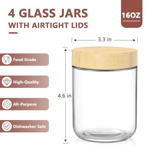 DRKIO 16 Oz Overnight Oats Containers with Bamboo Lids - 4 Pack Glass Storage Jars with Airtight Lids Wide Mouth Mason Food Jars Great for Meal Prep Salad Chia Pudding Snacks Yogurt Sugar Spice Cereal - Image 2
