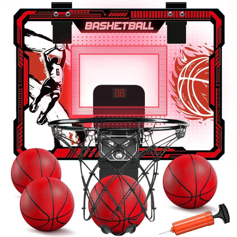 TALGIC Basketball Hoop Indoor Over The Door Basketball Hoops with LED Lighting Mini Hoop with Electronic Scoreboard 4 Balls Pump Basketball Gifts for 5 6 7 8 9 10 11 12 Year Old Boys Girls - Image 3