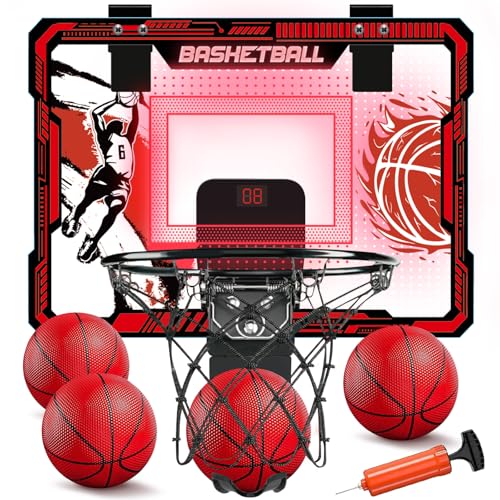TALGIC Basketball Hoop Indoor Over The Door Basketball Hoops with LED Lighting Mini Hoop with Electronic Scoreboard 4 Balls Pump Basketball Gifts for 5 6 7 8 9 10 11 12 Year Old Boys Girls - Image 1