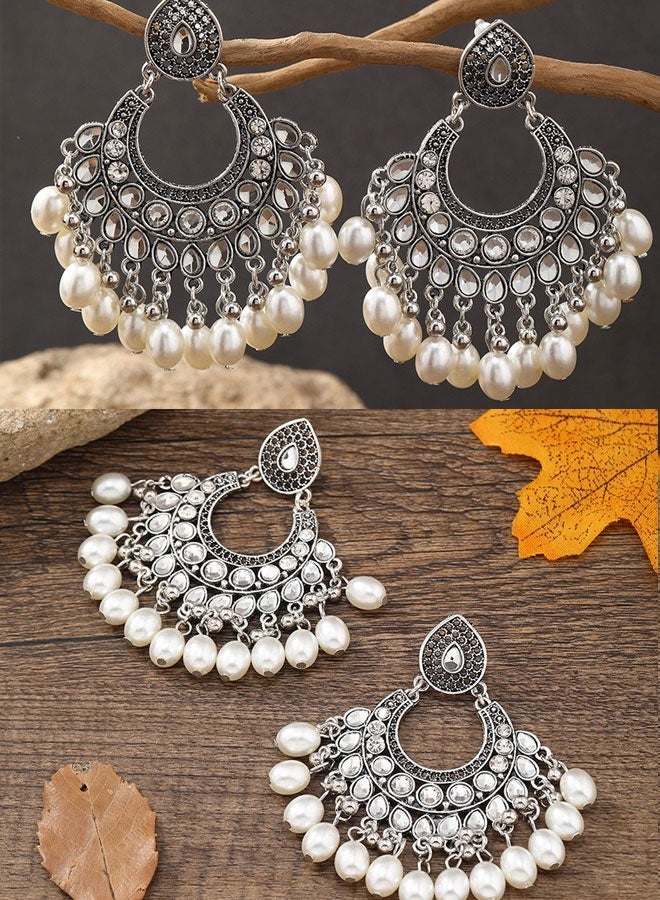 حلق جومكا فضة مؤكسدة للنساء، حلق هندية إثنية خفيفة الوزن طويلة بلؤلؤ شاندي بالي - Image 1