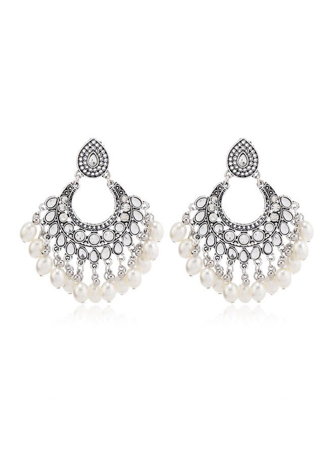 حلق جومكا فضة مؤكسدة للنساء، حلق هندية إثنية خفيفة الوزن طويلة بلؤلؤ شاندي بالي - Image 5