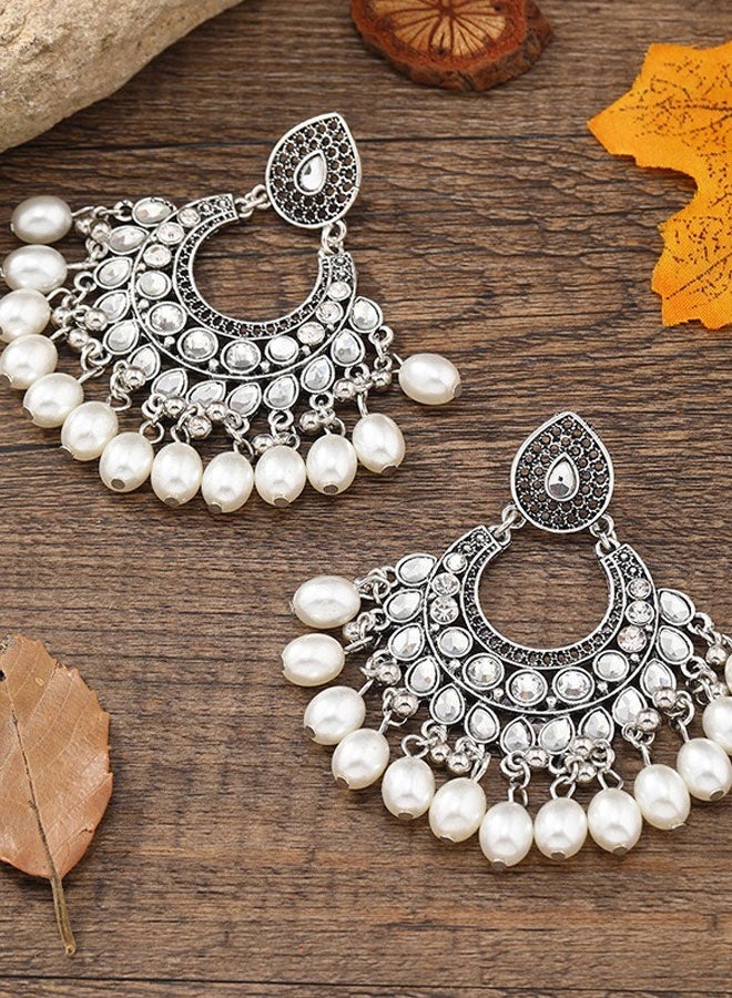 حلق جومكا فضة مؤكسدة للنساء، حلق هندية إثنية خفيفة الوزن طويلة بلؤلؤ شاندي بالي - Image 2