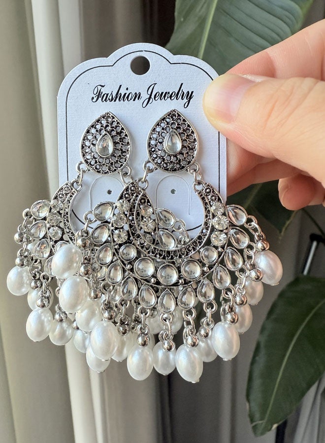 حلق جومكا فضة مؤكسدة للنساء، حلق هندية إثنية خفيفة الوزن طويلة بلؤلؤ شاندي بالي - Image 4