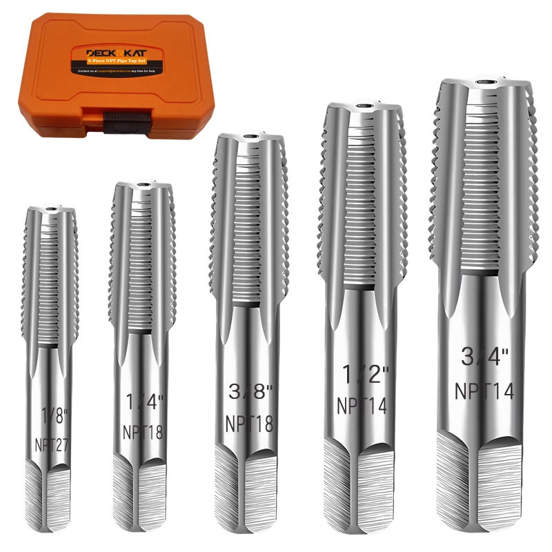 DECKRKAT 5-Piece NPT Pipe Tap Set, Precision Carbon Steel NPT Tap Set for Clean Accurate Threads, 3/4", 1/2", 3/8", 1/4", 1/8" NPT Tap, Perfect for Plumbers Mechanics DIYers, with Durable Plastic Case - Image 1