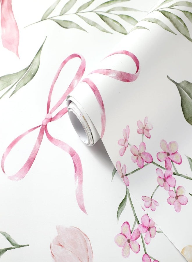 Faccito Pink Bow Floral Peel and Stick Wallpaper 15. 75 x 118 Inch Watercolor Bow Flowers Wallpaper Coquette Aesthetic Wall Paper Adhesive Removable Room Decor for Girls Bedroom Kids Room Cabinets - Image 2