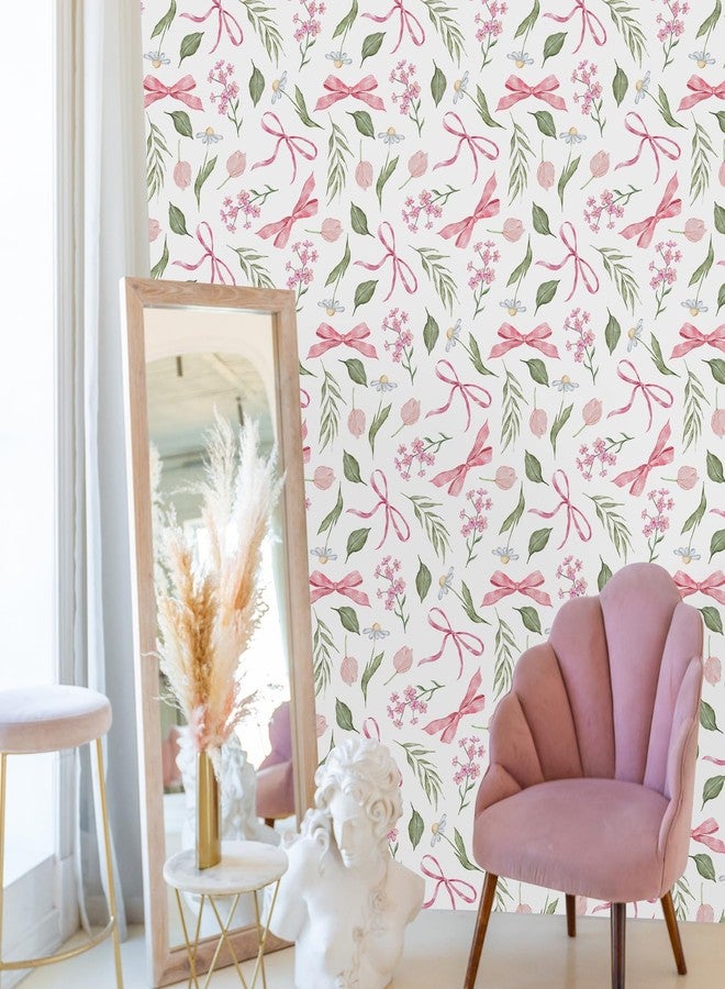 Faccito Pink Bow Floral Peel and Stick Wallpaper 15. 75 x 118 Inch Watercolor Bow Flowers Wallpaper Coquette Aesthetic Wall Paper Adhesive Removable Room Decor for Girls Bedroom Kids Room Cabinets - Image 4