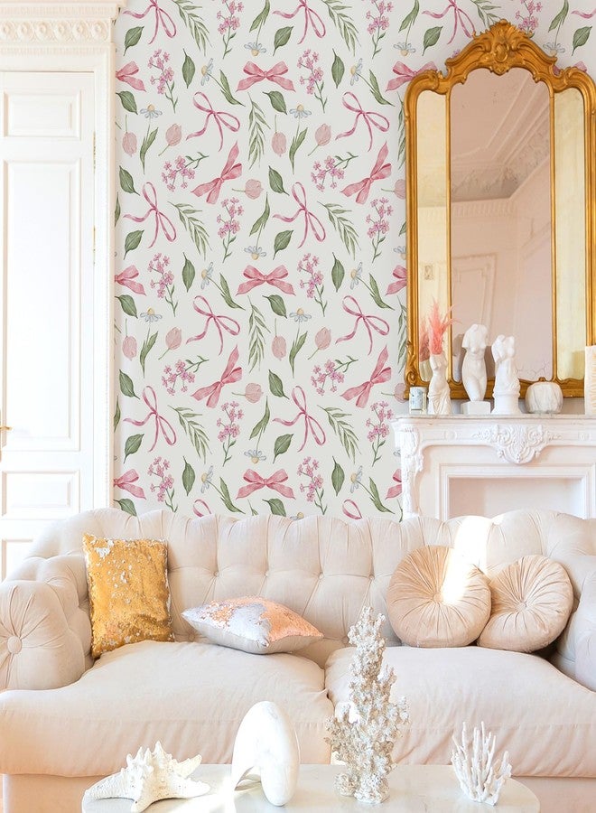 Faccito Pink Bow Floral Peel and Stick Wallpaper 15. 75 x 118 Inch Watercolor Bow Flowers Wallpaper Coquette Aesthetic Wall Paper Adhesive Removable Room Decor for Girls Bedroom Kids Room Cabinets - Image 5