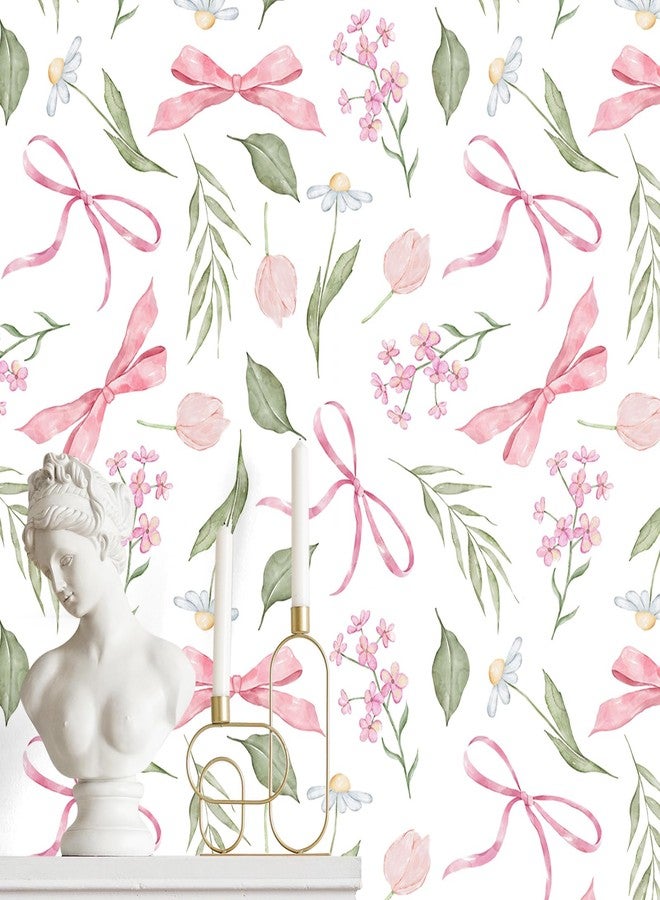 Faccito Pink Bow Floral Peel and Stick Wallpaper 15. 75 x 118 Inch Watercolor Bow Flowers Wallpaper Coquette Aesthetic Wall Paper Adhesive Removable Room Decor for Girls Bedroom Kids Room Cabinets - Image 1