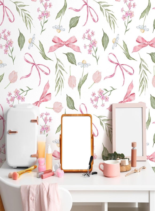 Faccito Pink Bow Floral Peel and Stick Wallpaper 15. 75 x 118 Inch Watercolor Bow Flowers Wallpaper Coquette Aesthetic Wall Paper Adhesive Removable Room Decor for Girls Bedroom Kids Room Cabinets - Image 3