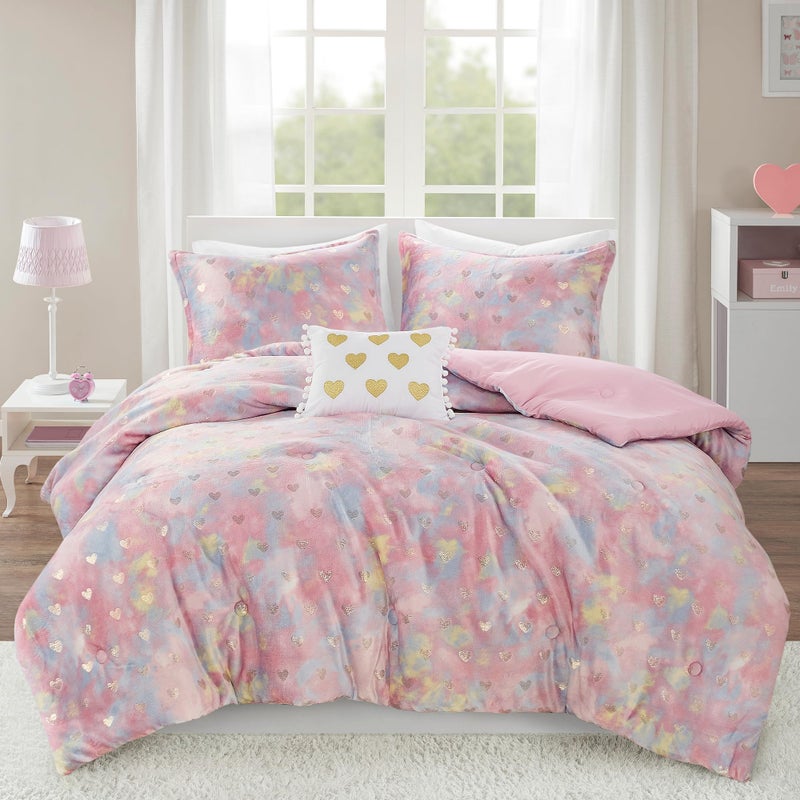 Intelligent Design Queen Comforter Set, 4 Piece Metallic Hearts Bedroom Set for Girls, Queen Bed Set Soft Plush Comforter, Rosalie All Season Fluffy Bedding Set, Full/Queen, Pink Multi/Gold 4 Piece - Image 1