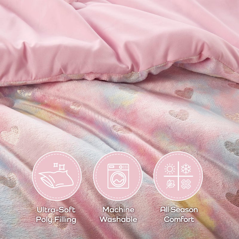 Intelligent Design Queen Comforter Set, 4 Piece Metallic Hearts Bedroom Set for Girls, Queen Bed Set Soft Plush Comforter, Rosalie All Season Fluffy Bedding Set, Full/Queen, Pink Multi/Gold 4 Piece - Image 3