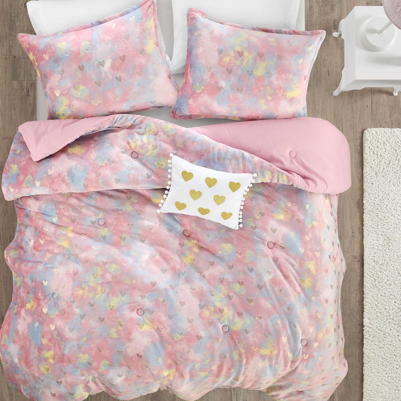 Intelligent Design Queen Comforter Set, 4 Piece Metallic Hearts Bedroom Set for Girls, Queen Bed Set Soft Plush Comforter, Rosalie All Season Fluffy Bedding Set, Full/Queen, Pink Multi/Gold 4 Piece - Image 4