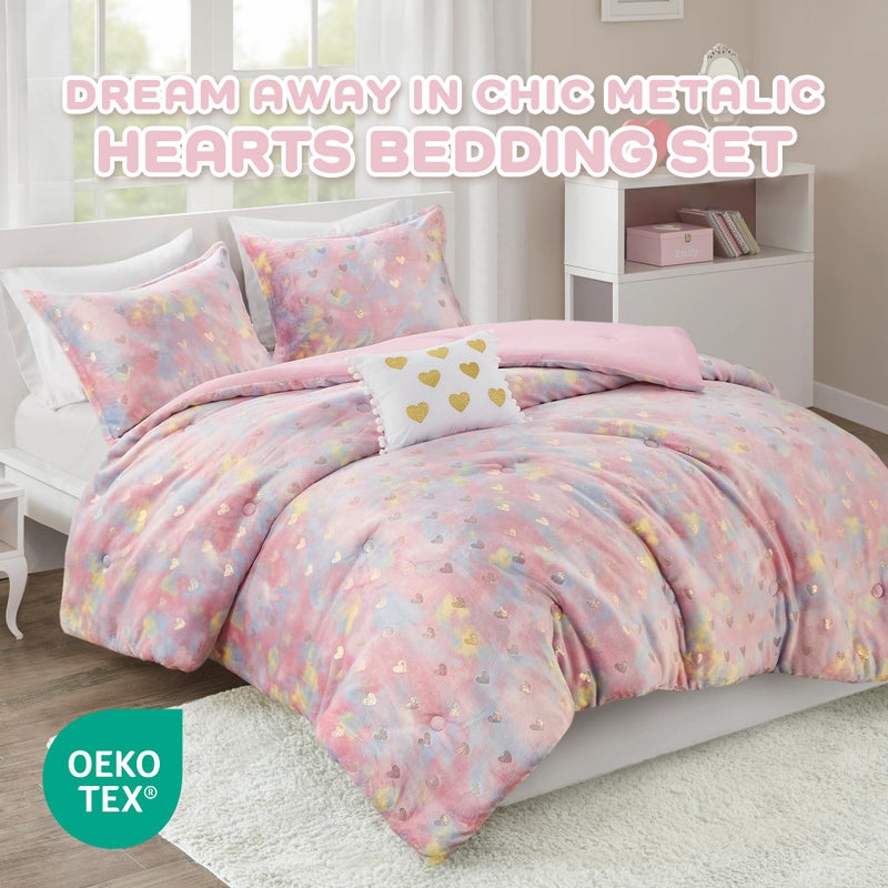 Intelligent Design Queen Comforter Set, 4 Piece Metallic Hearts Bedroom Set for Girls, Queen Bed Set Soft Plush Comforter, Rosalie All Season Fluffy Bedding Set, Full/Queen, Pink Multi/Gold 4 Piece - Image 2