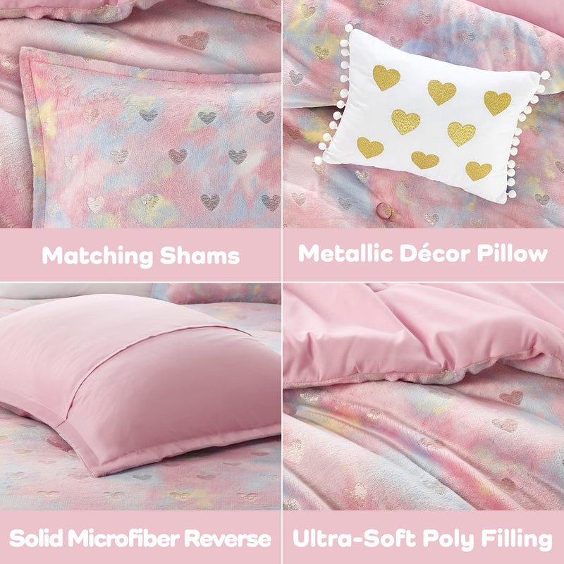 Intelligent Design Queen Comforter Set, 4 Piece Metallic Hearts Bedroom Set for Girls, Queen Bed Set Soft Plush Comforter, Rosalie All Season Fluffy Bedding Set, Full/Queen, Pink Multi/Gold 4 Piece - Image 5